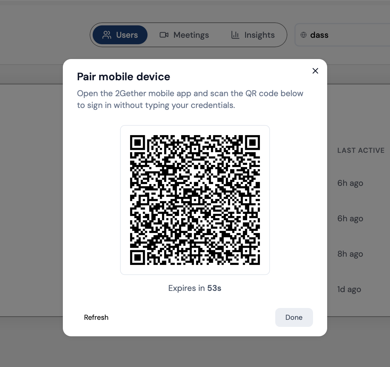 Pair Mobile Device QR code screen